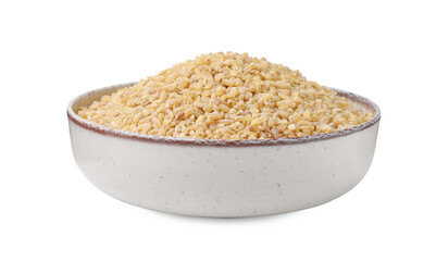 Raw bulgur in bowl isolated on white
