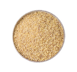 Raw bulgur in bowl isolated on white, top view