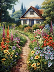 Vintage Painting: Classic Cottage Garden Art Transports You to Serene Countryside