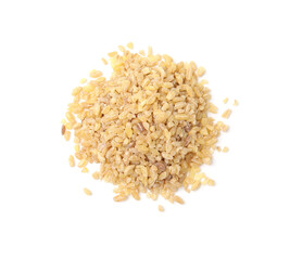 Pile of raw bulgur isolated on white, top view