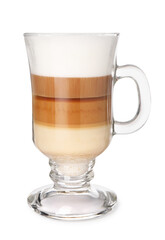 Aromatic latte macchiato in glass cup isolated on white