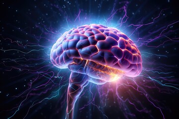Obraz premium Vividly axon energy lightning brain energy thunderbolt flashes, mitochondrial function. Brain energy reserves, balance, energy deposition. cognitive fatigue, brain oxygenation, and intricate field 