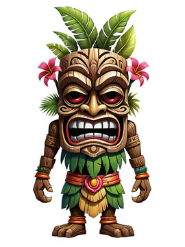 Tiki wooden tribal mascot cartoon character ethnic ornaments design on transparent background