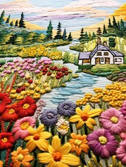 Classic Floral Stitch Art: A Cottage-Inspired Embroidered Landscape Masterpiece