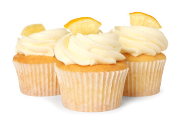Delicious lemon cupcakes with cream isolated on white