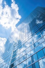 Modern glass skyscraper reflecting the blue sky