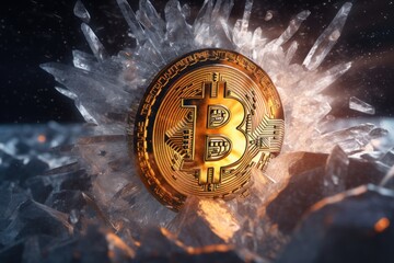 A bitcoin is frozen in ice in cold winter. Depression of crypto market concept.