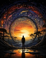 Fototapeta premium Man standing in a surreal landscape with a portal in the sky