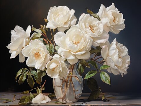 Exquisitely Painted White Roses in a Glass Vase