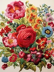 Fotobehang Classic Floral Stitch Art: Vintage Painting-inspired Embroidery Designs © Michael
