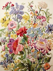 Fototapeta na wymiar Classic Floral Stitch Art: Transforming Vintage Paintings with Timeless Stitches