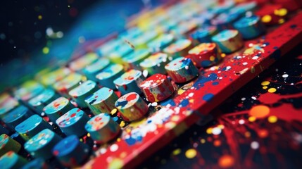 Closeup of a paintsplattered keyboard, evidence of the hours spent creating digital art. - obrazy, fototapety, plakaty