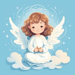 illustration of a cute little angel sitting on a cloud