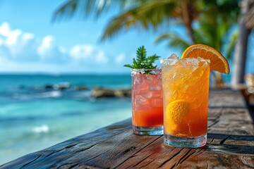 Various delicious cocktails on the bar counter against the background of palm trees