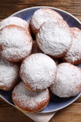 Delicious sweet buns on table, top view