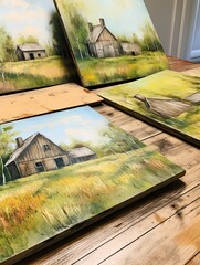 Country Farmhouse Canvases: Meadows and Vintage Homesteads Featuring Rustic Field Paintings