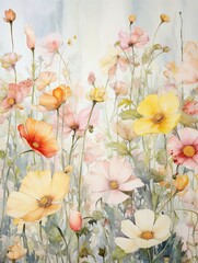 Delicate Watercolor Florals: Vintage Artistry of Rustic Wildflower-Filled Landscapes