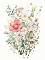 Delicate Watercolor Florals: Vintage Art Print | Landscape Painting with Gentle Wildflower Hues