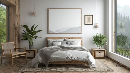 Modern Scandinavian Contemporary bedroom with a Nordic bed, fjord landscapes, intricate cross-stitch wall patterns, and a blank mockup frame