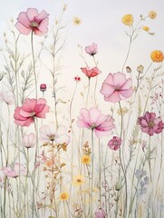 Delicate Watercolor Florals: Vintage Landscape Wildflower Wall Art