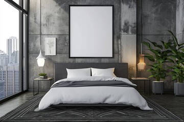 Modern urban loft Contemporary bedroom with a sleek bed, cityscape photography, intricate architectural wall patterns, and a blank mockup frame