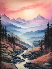 Dreamy Mountain Pass Paintings: Vintage Landscape with Dawn's Early Light