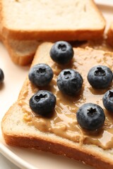 Delicious toasts with peanut butter and blueberries on plate, closeup