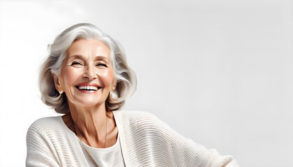 Smiling happpy female elder woman  closeup  on white background

