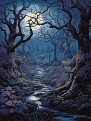 Mystical Shadows: Enchanted Moonlit Forest Vintage Landscape