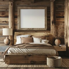 Mountain lodge bedroom with a cozy log bed, mountain art, and a blank mockup frame on a timber brown wall - 16:9 --v 6.0 - Image #3 @ZeeshanQazi