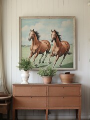 Farmhouse Animal Portraits: Vintage Painting of Horses Galloping Freely in an Open Field