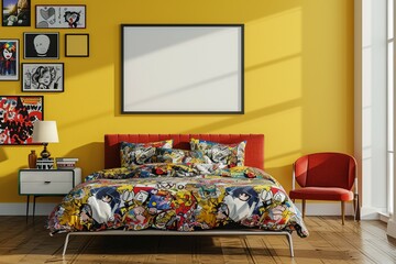 Pop art bedroom with a colorful comic-print bed, Andy Warhol-inspired decor, and a blank mockup frame on a lemon yellow wall