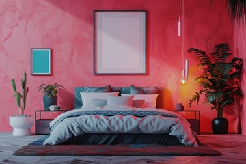 Post-modern bedroom with a geometric bed, pop art, and a blank mockup frame on a neon pink wall
