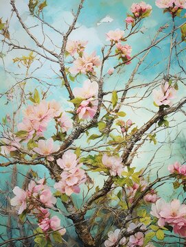 Fresh Spring Blossom Prints: Nature's Awakening - Vintage Field Painting with Blooms