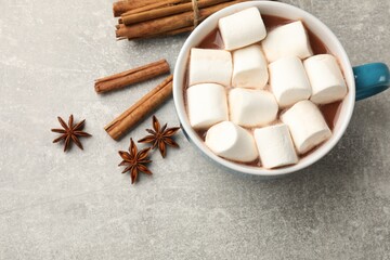 Tasty hot chocolate with marshmallows and spices on light grey table, flat lay