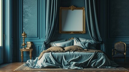 Regency-era bedroom with an elegant draped bed, classic novels, and a blank mockup frame on a peacock blue wall