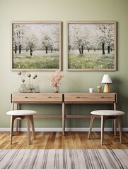 Fresh Spring Blossom Prints: Vintage Wall Art Depicting Blossoming Trees, Landscape, and Wildflowers