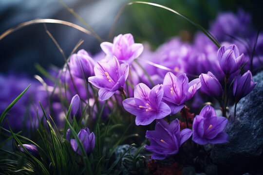 Springtime Joy in a Purple Meadow: Growing Floral Beauty in Bright Sunlight