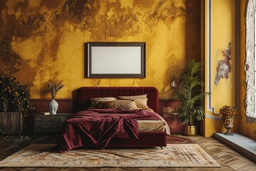 Renaissance-themed bedroom with a velvet maroon bed, fresco paintings, and a blank mockup frame on a goldenrod wall