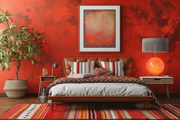 Retro 60s mod bedroom with a psychedelic bed, groovy art, and a blank mockup frame on a lava lamp red wall