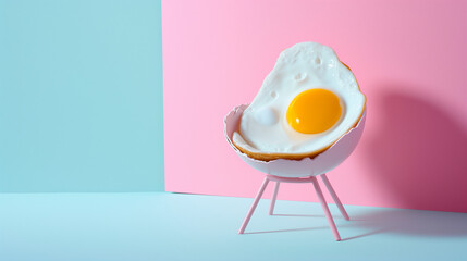 Fried egg sitting and relaxing in broken eggshell chair. Minimal surreal concept of  dining room, home, resting and relaxation, pastel colors - obrazy, fototapety, plakaty