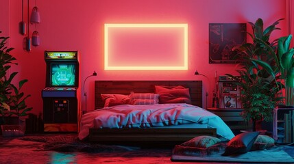 Retro 80s bedroom with a neon-lit bed, vintage arcade games, and a blank mockup frame on a hot pink wall