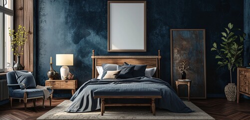 Retro 1940s bedroom with a vintage bed, World War II era art, and a blank mockup frame on a navy blue wall