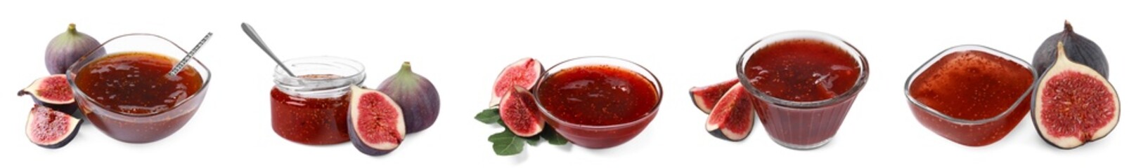 Tasty fig jam isolated on white, collection