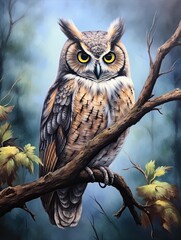 Hand-Drawn Wildlife Portraits: Serene Owl Perched on Branch - Field Painting
