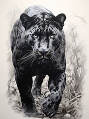 Hand-Drawn Wildlife Portraits: Prowling Panther Rustic Wall Art