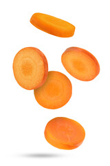 Fresh carrot slices falling on white background