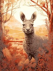 Hand-Drawn Vintage Wildlife Portrait: Kangaroo Hopping in the Outback