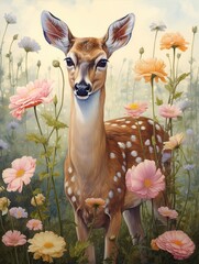 Hand-Drawn Wildlife Portraits: Vintage Painting of a Graceful Deer in a Wildflower Field