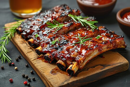 Closeup of pork ribs grilled with BBQ sauce and caramelized in honey. Tasty snack to beer